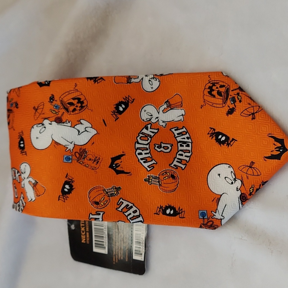 New Casper Mens Necktie Orange Black The Friendly Ghost Halloween 3.75" Wide